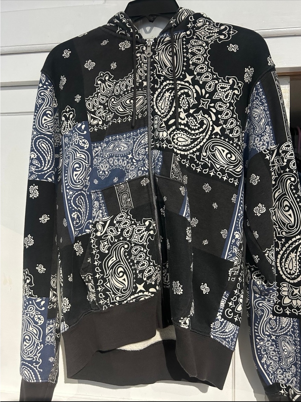 Men's Zip-Up Hoodie - Black & Navy Bandana Print